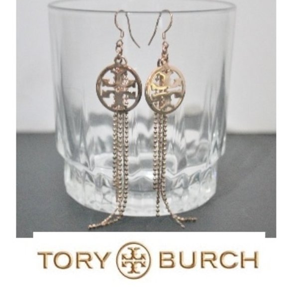 Authentic Tory Burch Gold Over 925 Logo Dangle Statement Earrings - Picture 2 of 7